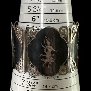 Vintage Wide Siam Niello 5 Panel Sterling Silver & Black Goddess Bracelet